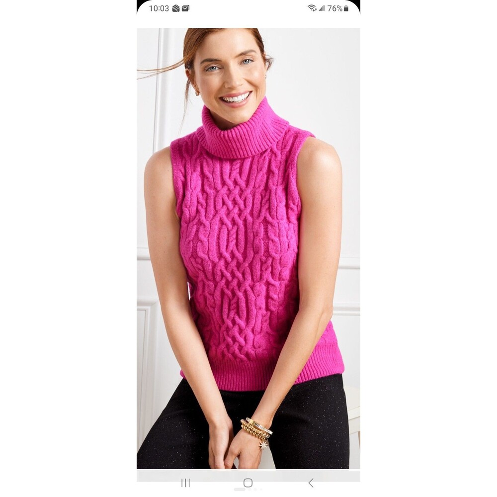 Talbots hot pink woolblend cable knit turtleneck sleeveless sweater L colorful